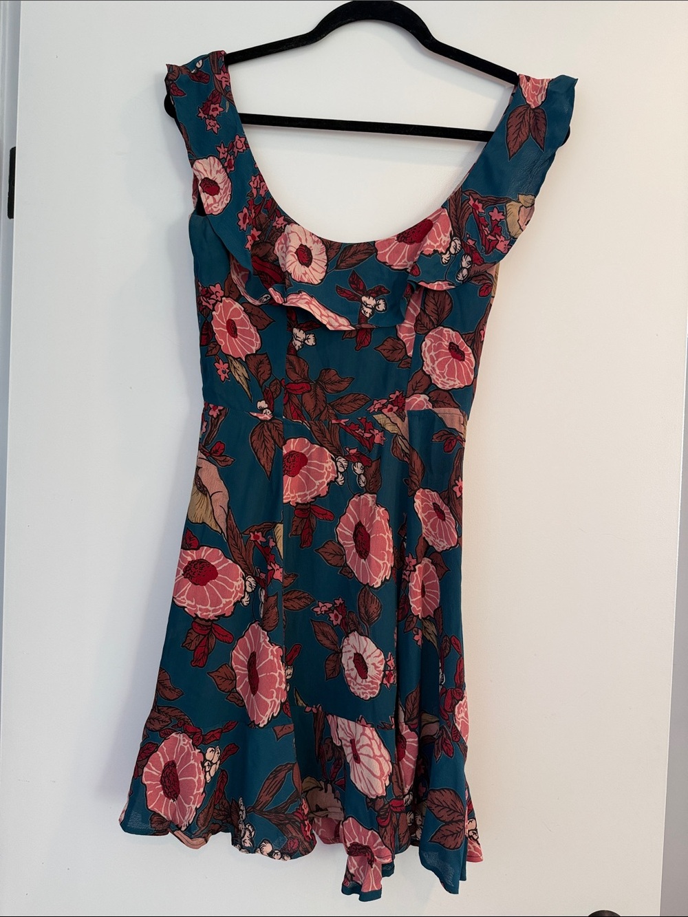 Reformation Floral Ruffle Scoop-Neck Dress in Teal and Pink